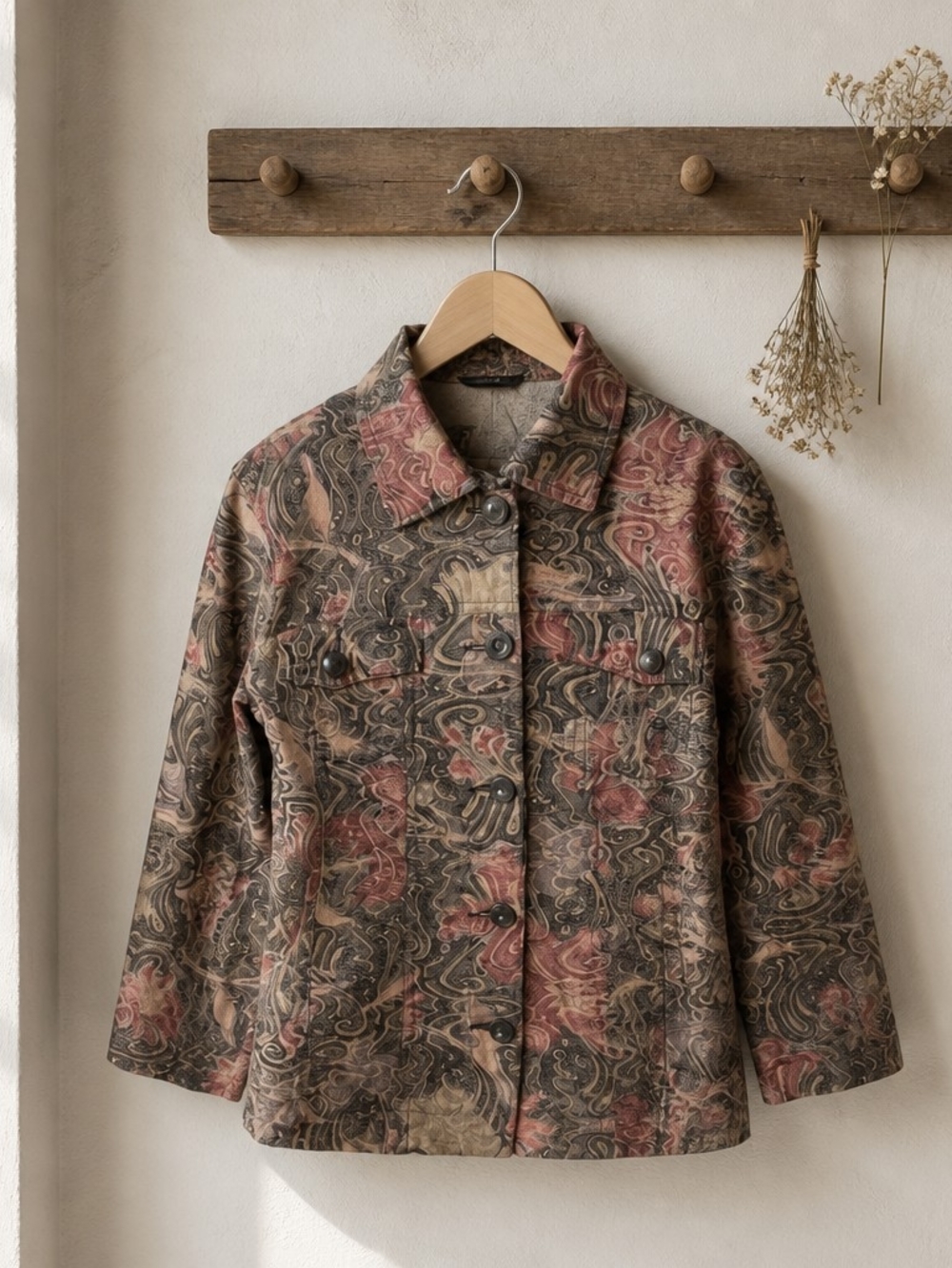 Analogy Woven Patterned Jean Jacket in Rose and Taupe Size L NWOT